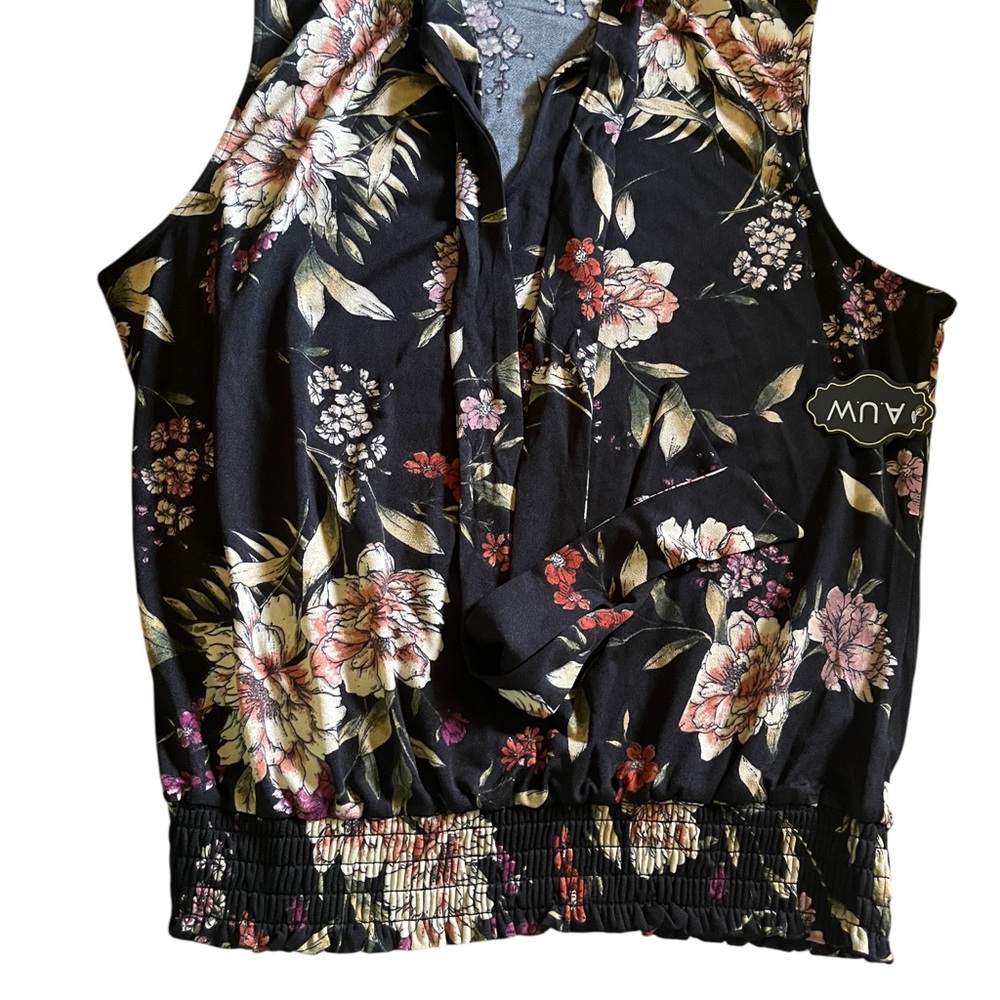 AUW Black Floral Blouse with Tie Neck